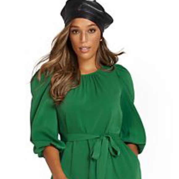 Tie-Waist Tiered Green XL Puff Sleeve Dress NWT (Black available too) - Picture 2 of 3
